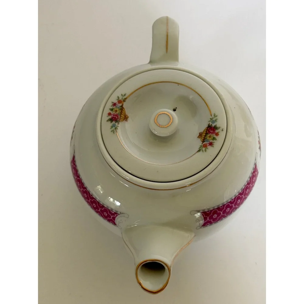 Vintage Pink Floral Teapot Flat Lid Gold Trim Cottagecore Shabby Chic Country